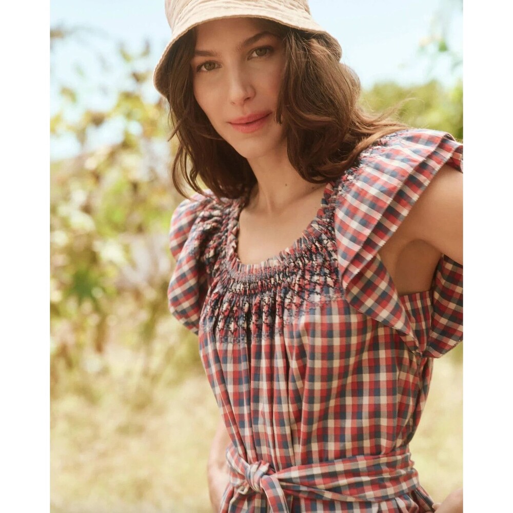 The Great The Holly Knoll Maxi Dress Smocked Plaid Printed Short Sleeve L 286111 - Picture 4 of 12